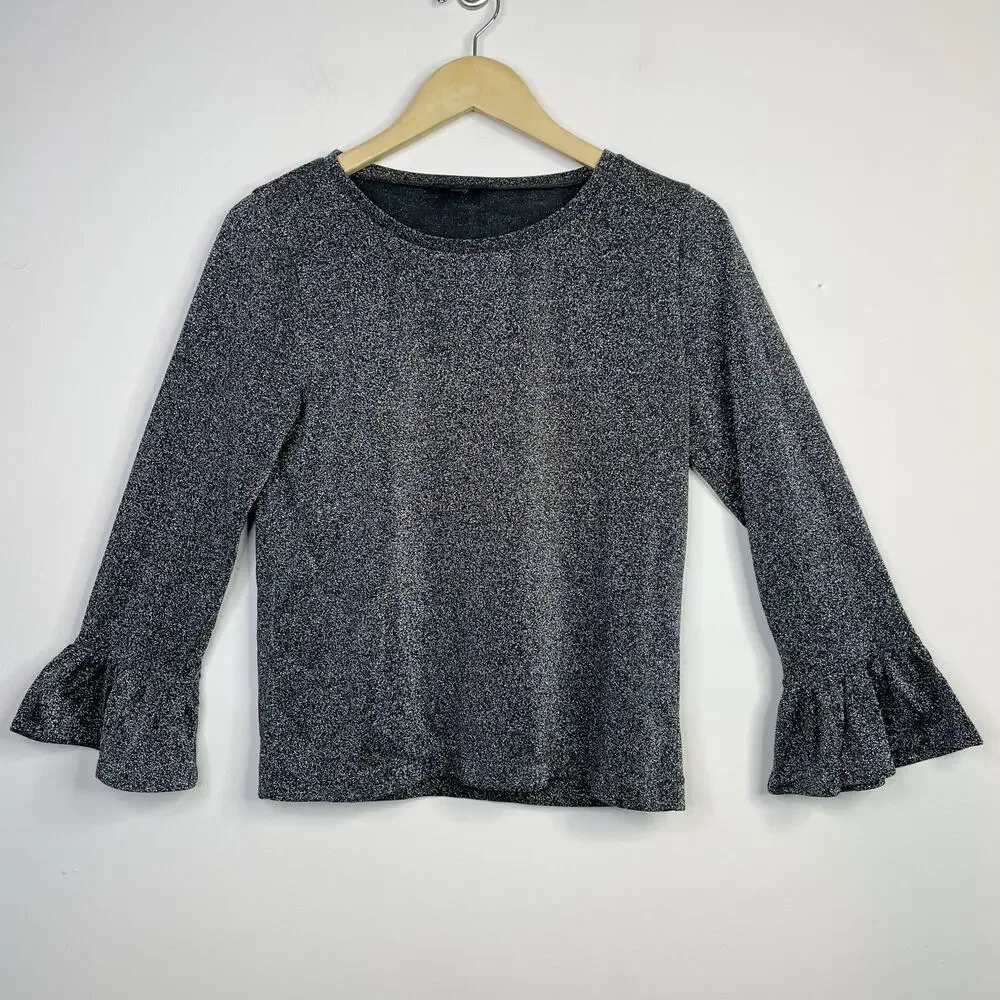 J Crew Metallic Sparkle Knit Bell Ruffle Sleeve Tee Top shirt Charcoal Gray M